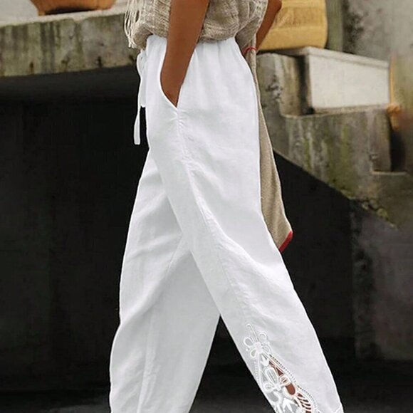 Pants - White Boho Women's Patchwork Elastic Waist Slant Pocket Straight Leg Pants